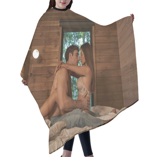 Personality  Side View Of Shirtless Man Kissing Sensual Girlfriend In Lingerie On Bed In Wooden Vacation House Hair Cutting Cape