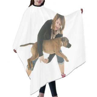 Personality  Staffordshire Bull Terrier And Woman In Front Of White Background Hair Cutting Cape