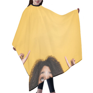 Personality  Cropped View Of African American Woman Looking Up And Pointing With Fingers Isolated On Yellow Hair Cutting Cape