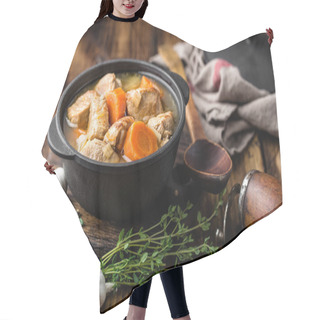 Personality  Meat Stewed With Carrots In Sauce And Spices In Cast Iron Pot On Dark Wooden Rustic Background Hair Cutting Cape