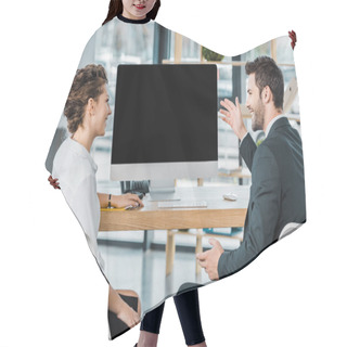 Personality  Smiling Business Colleagues Having Discussion At Workplace With Blank Computer Screen In Office Hair Cutting Cape