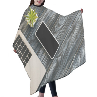 Personality  Top View Of Laptop, Smartphone With Blank Screen And House Plant On Dark Wooden Surface Hair Cutting Cape