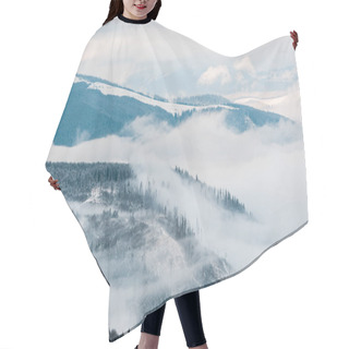 Personality  Scenic View Of Snowy Mountains With Pine Trees In White Fluffy Clouds Hair Cutting Cape