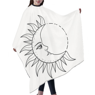 Personality  Line Art Of Mystical Esoteric Decorative Crescent Moon With Face Hair Cutting Cape