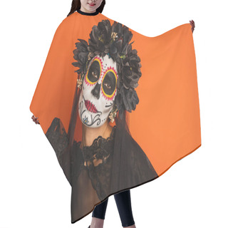 Personality  Woman In Creepy Halloween Makeup And Wreath With Black Lace Veil Isolated On Orange Hair Cutting Cape