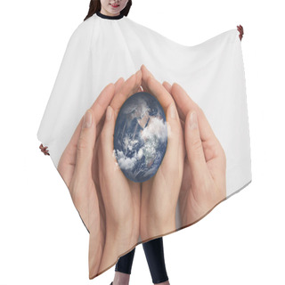 Personality  Top View Of Man And Woman Holding Planet Model On Grey Background, Earth Day Concept Hair Cutting Cape