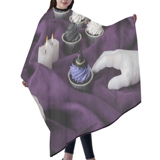 Personality  Decorative Hand Near Tasty Halloween Cupcakes And Burning Candles On Purple Cloth Hair Cutting Cape