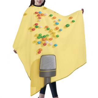 Personality  Top View Of Microphone With Candies On Bright And Colorful Background  Hair Cutting Cape