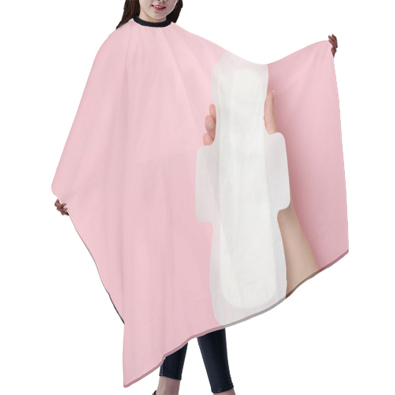 Personality  Woman Holding Sanitary Napkin On Pink Background, Closeup. Space For Text Hair Cutting Cape