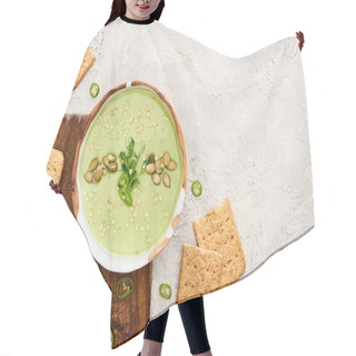Personality  Top View Of Tasty Green Creamy Soup With Crackers On Wooden Chopping Board Hair Cutting Cape