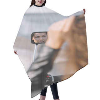Personality  Reflection Of Beautiful Woman In Mirror Of Motorcycle Hair Cutting Cape