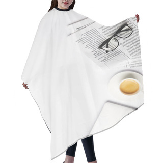 Personality  Flat Lay With Eyeglasses, Coffee, Laptop And Newspapers, On White With Copy Space Hair Cutting Cape