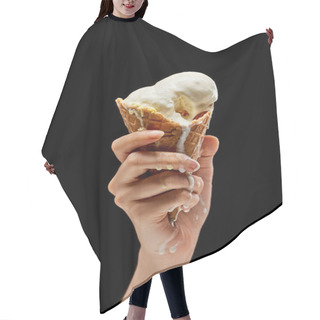 Personality  Cropped View Of Woman Holding Melting Delicious Vanilla Ice Cream In Crispy Waffle Cone Isolated On Black  Hair Cutting Cape