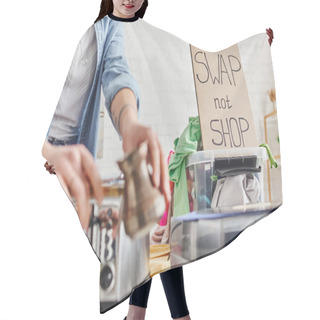 Personality  Partial View Of Woman Holding Blurred Cezve Next To Electric Toaster, Vinyl Record Player, Plastic Container With Clothes And Swap Not Shop Card, Sustainable Living And Circular Economy Concept Hair Cutting Cape