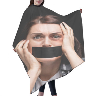 Personality  Portrait Of Woman With Bruises And Adhesive Tape On Mouth Isolated On Black  Hair Cutting Cape