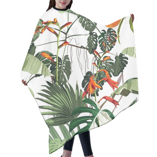 Personality  Tropical Beautiful Flowers Pretty Pattern. Seamless Cute Orange Flowers And Tropical Palm Leaves Background. Use For Textile, Dress, Wallpaper, Home Design. Hair Cutting Cape