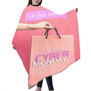 Personality  Cropped View Of Woman Holding Shopping Bag With One Day, One Chance, Cyber Monday Lettering On Pink, Black Friday Concept Hair Cutting Cape