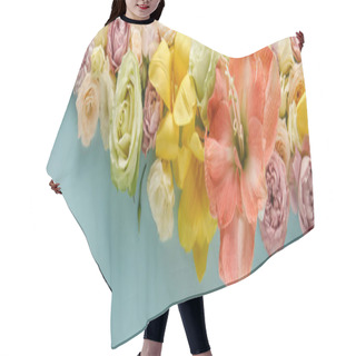 Personality  Top View Of Spring Flowers On Blue Background, Panoramic Shot Hair Cutting Cape