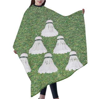 Personality  Top View Of White Shuttlecocks For Playing Badminton Arranged On Green Lawn Hair Cutting Cape