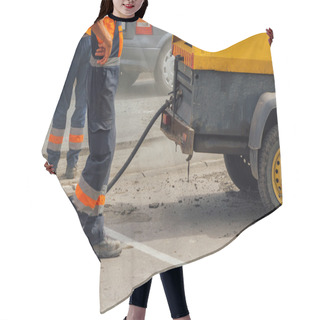 Personality  Unidentifiable Road Maintenance Workers Repairing Driveway Hair Cutting Cape