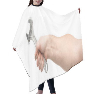 Personality  Panoramic Shot Of Man Holding Spanner Isolated On White Hair Cutting Cape