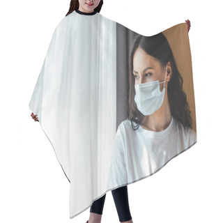 Personality  Attractive Ill Woman In Medical Mask Looking Through Window On Self Isolation Hair Cutting Cape