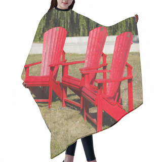Personality  Red Wooden Garden Chairs On A Meadow Hair Cutting Cape