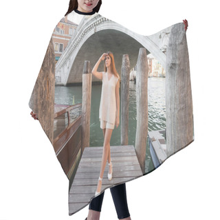 Personality  Full Length Of Woman Looking Away On Pier Near Wooden Pilings On Venetian Grand Canal Hair Cutting Cape