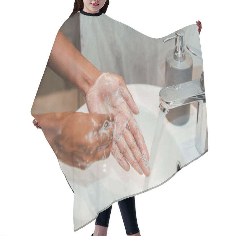 Personality  Cropped View Of African American Woman Washing Hands With Soap In Bathroom Hair Cutting Cape