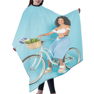 Personality  Cheerful African American Girl Riding Bicycle On Blue, Summer Concept  Hair Cutting Cape