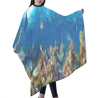 Personality  Underwater Coral Reef Landscape Super Wide Banner Background  In The Deep Blue Ocean With Colorful Fish And Marine Life Hair Cutting Cape