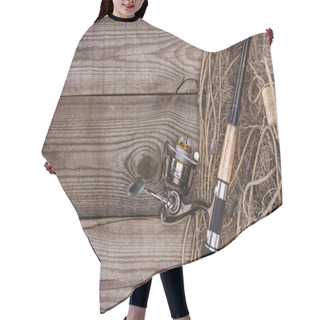 Personality  Top View Of Fishing Net And Fishing Rod On Wooden Planks  Hair Cutting Cape