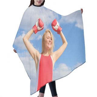 Personality  Girl Boxing Gloves Symbol Struggle For Female Rights And Liberties. Feminism Promotion. Fight For Female Rights. Girl Leader Promoting Feminism. Woman Boxing Gloves Raise Hands Blue Sky Background Hair Cutting Cape