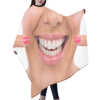 Personality  Woman Showing Her Perfect Teeth Hair Cutting Cape