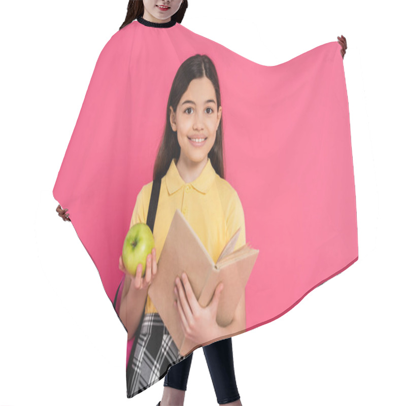 Personality  Joy, Brunette Schoolgirl Holding Green Apple And Reading Book Isolated On Pink, Girl With Backpack Hair Cutting Cape