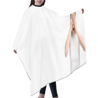 Personality  Horizontal Concept Of Scared Young Woman In White T-shirt Covering Face Isolated On White  Hair Cutting Cape