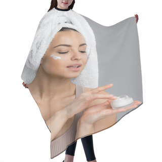 Personality  Young Woman With Towel On Head Holding Container With Cream Isolated On Grey  Hair Cutting Cape
