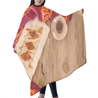 Personality  Upper View Shot Of Traditional Azerbaijani Baklava With Walnut And Tea In Ceramic White Plate Over Rustic Wooden Tabletop. Horizontal Composition. Copy Space. Hair Cutting Cape