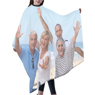 Personality  Group Of Senior On The Beach Hair Cutting Cape