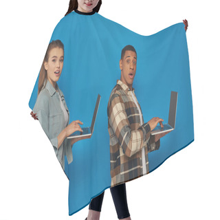 Personality  Amazed  Interracial Freelancers Using Laptops On Blue Backdrop, Diverse Cultures Man And Woman Hair Cutting Cape