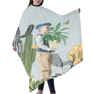 Personality  Adorable Kid In Retro Vest And Cap Holding Plant In Flowerpot On Grey Background With Fairy Cacti Illustration Hair Cutting Cape