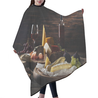 Personality  Different Types Of Cheeses And Fruits On Cutting Boards Hair Cutting Cape