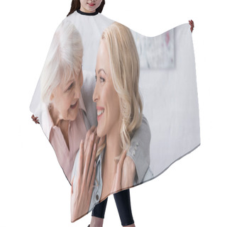 Personality  Cheerful Elderly Woman Looking At Daughter While Hugging, Banner  Hair Cutting Cape