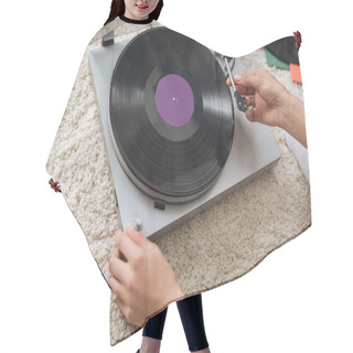 Personality  Cropped View Of Young Woman Touching Retro Record Player  Hair Cutting Cape