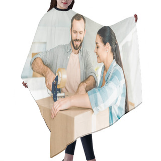 Personality  Handsome Husband And Wife Packing Cardboard Box With Scotch Tape, Moving Concept Hair Cutting Cape
