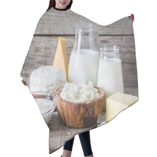 Personality  Selection Of Dairy Products On Rustic Wood Bacground Hair Cutting Cape