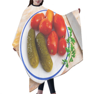 Personality  Plate With Homemade Canned Tomatoes And Cucumbers On Kitchen Table Hair Cutting Cape