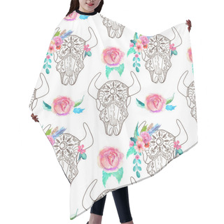 Personality  Doodle Bull Skull With Watercolor Flowers And Feathers, Seamless Hair Cutting Cape