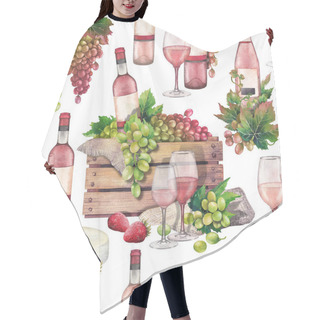 Personality  Watercolor Box With Bottle And Grapes, Wine Glasses, Cheese And Srtrawberries Hair Cutting Cape