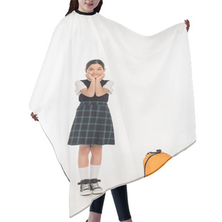 Personality  Happy Girl In School Uniform Standing Near Backpack On White Background, Back To School, Full Length Hair Cutting Cape